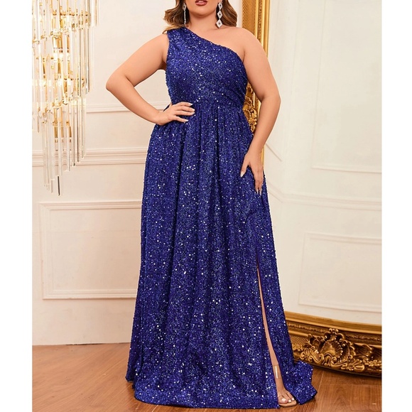 Plus Sequin One Shoulder A-line party Formal Party Wedding Dress - Picture 14 of 16